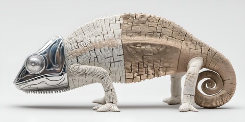 A minimalist chameleon crafted with bark-like skin and a shiny metallic head showcases unique artistry, symbolizing themes of identity and adaptation in design