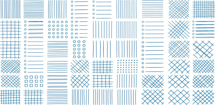 Various blue grids and lines patterns for paper sheets, notes and stickers. Hand drawn textures for bullet journal pages