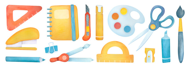 Set of school supplies. stationery, notebooks, art materials for drawing watercolor illustrations isolated on white transparent background, clip art and cut out element design