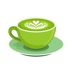 A vibrant green cup of matcha latte with delicate white heart-shaped rosetta foam art on a matching saucer.