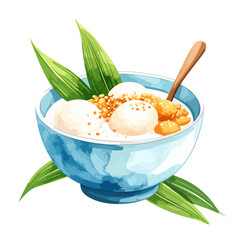 Sweet Asian dessert with glutinous rice balls in a blue watercolor bowl, garnished with pandan leaves and a wooden spoon.
