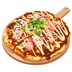Illustrated Japanese Okonomiyaki savory pancake with pork, mayonnaise, and green onion toppings on a wooden board.