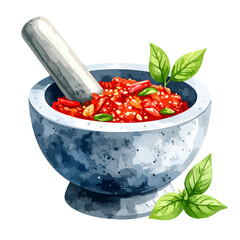 A textured stone mortar and pestle filled with vibrant red chili paste, complete with seeds and fresh green basil garnish.