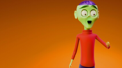 Surprised 3D Cartoon Alien Character Exposing Brain Over Orange Background