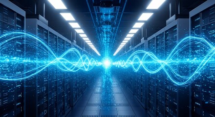 Servers room with blue digital waves transmitting data flow in cyberspace tunnel, concept for data storage network (1), high performance computing (2) and information technology security (3)