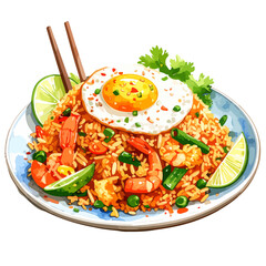 Vibrant watercolor illustration of shrimp fried rice with a sunny-side-up egg and lime.
