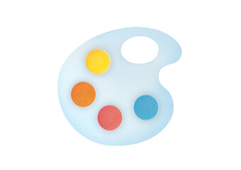 Colorful paint palette with dabs of acrylic oil. Artist tools, art supplies cute watercolor illustration isolated on white transparent background, clip art and cut out for hobby, craft projects.