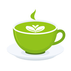 A vibrant green cup of steaming matcha tea with delicate white leaf latte art on a saucer.