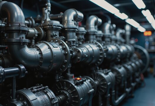 Detailed view of a ship engine room featuring diesel propulsion systems