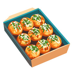Savory Japanese Takoyaki octopus balls in a takeaway box, topped with mayonnaise and green garnish.