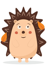 Naklejka premium Cute Cartoon Hedgehog with Autumn Leaves Flat Design. Charming Cartoon Hedgehog Character for Kids