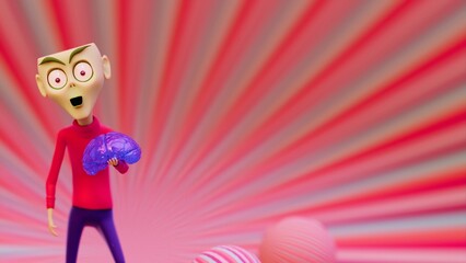 Surprised 3D Alien Character Holding a Purple Brain on Colorful Radiant Striped Background