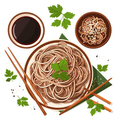 Aromatic Brown Buckwheat Soba Noodles, Garnish with Parsley, Served on a Plate with Chopsticks