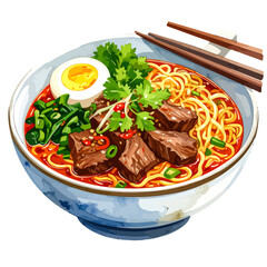 Delicious Ramen Bowl with Noodles, Egg, Beef, and Fresh Garnishes