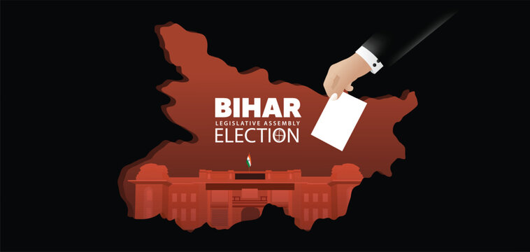 Bihar Legislative Assembly election 2025 hand putting vote map silhouette vector poster