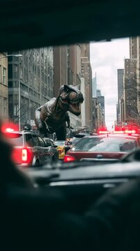 Giant T-Rex Roaming City Street with Police Cars in Urban Science Fiction Scene