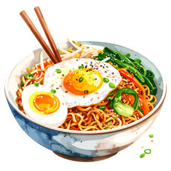 Colorful Illustration of a Bowl of Asian Noodles with Fried Egg and Vegetables