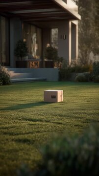 Cardboard Package on Lawn in Front of House Depicting Drone Delivery Arrival