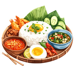 Thai Rice Dish with Fried Egg, Shrimp, Vegetables, and Spicy Sauces on Woven Tray