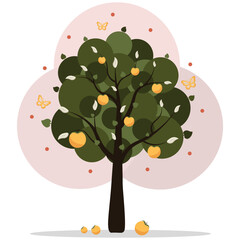 Fruit Tree with Yellow Apples and Butterflies Flat Design. Blooming Orchard Apple Tree