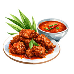 Spicy glazed fried chicken pieces with sesame seeds, served with a chili dipping sauce and fresh green leaves.