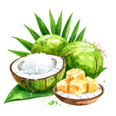 Fresh Green Coconuts with Shredded Flesh and Sweet Cubes
