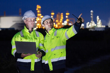 Petroleum engineers working at oil refinery site at night