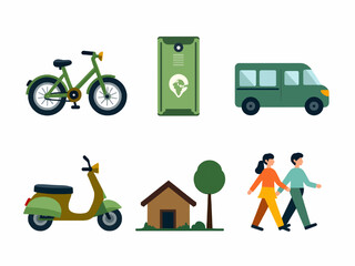 A series of icons for transportation, including a bicycle, a scooter, a car