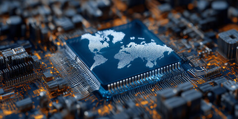 Microchip with world map design symbolizes global connectivity and technological advancement. intricate circuitry highlights complexity and importance of semiconductors in modern technology