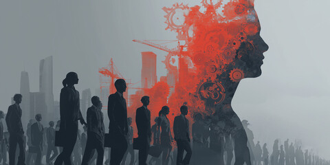Silhouette of human head filled with red gears and cogs symbolizes innovation and creativity, set against cityscape with construction cranes and crowd of people, representing workforce development