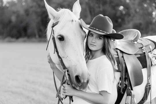 A young woman wearing a cowboy hat stands beside a white horse, gently holding its reins in a peaceful outdoor environment during sunset. Cowgirl black and white portrait. Generative AI. - Powered by Adobe
