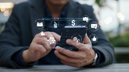 Man in Dark Suit Using Smartphone with Digital Icons Overlays on Wooden Table Outdoors Representing Business Technology and Communication - Powered by Adobe