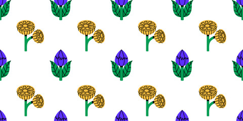 Seamless pattern with stylized fantasy flowers in yellow and blue on a white background. Repetitive floral design with bold shapes and clean lines. Perfect for wrapping paper, textiles, and scrapbooki