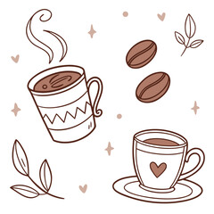 Illustration of two coffee cups with steam, coffee beans, leaves, hearts and stars on a white background