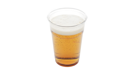 A plastic cup filled with beer and a foamy white head on top    .ai generative, transparent background, white background. isolated on white background