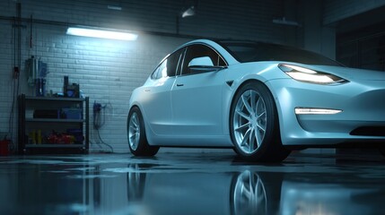 White electric car in a dark garage