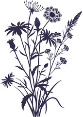 Wildflower bouquet mixed types silhouette on white background.