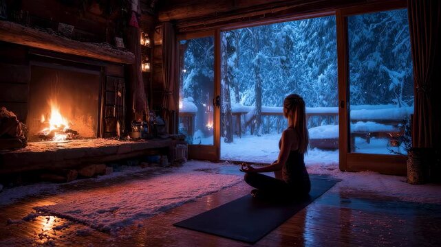 Cozy cabin scene with a dedicated yogini immersed in a reflective yin yoga practice by a glowing fire. Winter snow blankets the ground outside while the warm ambiance of the cabin encourages