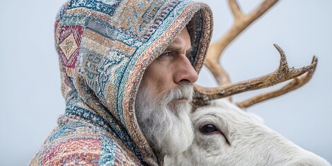 Naklejka premium A Sami man in a colorful wool coat stands beside a reindeer, embodying the rich cultural identity of the Sami people. This moment captures their close relationship with nature and their heritage