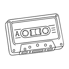 Fototapeta premium Audio cassette tape black and white icon clean line art, doodle style. Retro music audio cassette 80s. Ideal for logo, tattoo, app, coloring book, web design, infographics, banner, poster