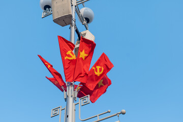 Vietnam flag close up, a national Vietnamese flag in Hanoi, Vietnam
