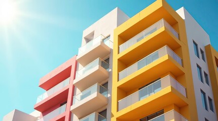 A vibrant, colorful building facade with bold pink, yellow, and blue hues, showcasing modern architecture and dynamic design, concepts of creativity and urban design.