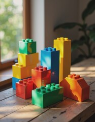 Colorful building blocks arranged creatively on a wooden table