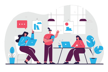 Business people working in office and cafe illustrated as stick figures and icons