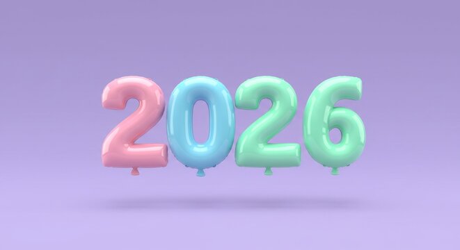 2026, rendered with pastel balloon letters in pink, blue, and green, float against a soft purple backdrop, creating a playful new year aesthetic