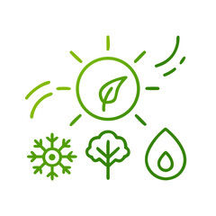 Climate friendly icon with sun, leaf, snowflake, tree, and water drop in green for environmental sustainability and awareness