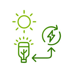 Clean energy production symbol with sun, light bulb, and arrows in green for renewable energy and sustainability