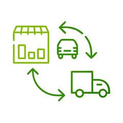 Clean supply chain symbol with package, car, and truck in green for eco-friendly logistics and sustainability