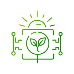Earth-friendly technology icon with plant and sun in green for sustainable innovation and eco-friendly solutions