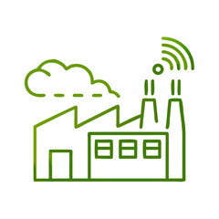 Factory emissions monitoring icon featuring smokestacks and cloud in green for sustainable industry practices